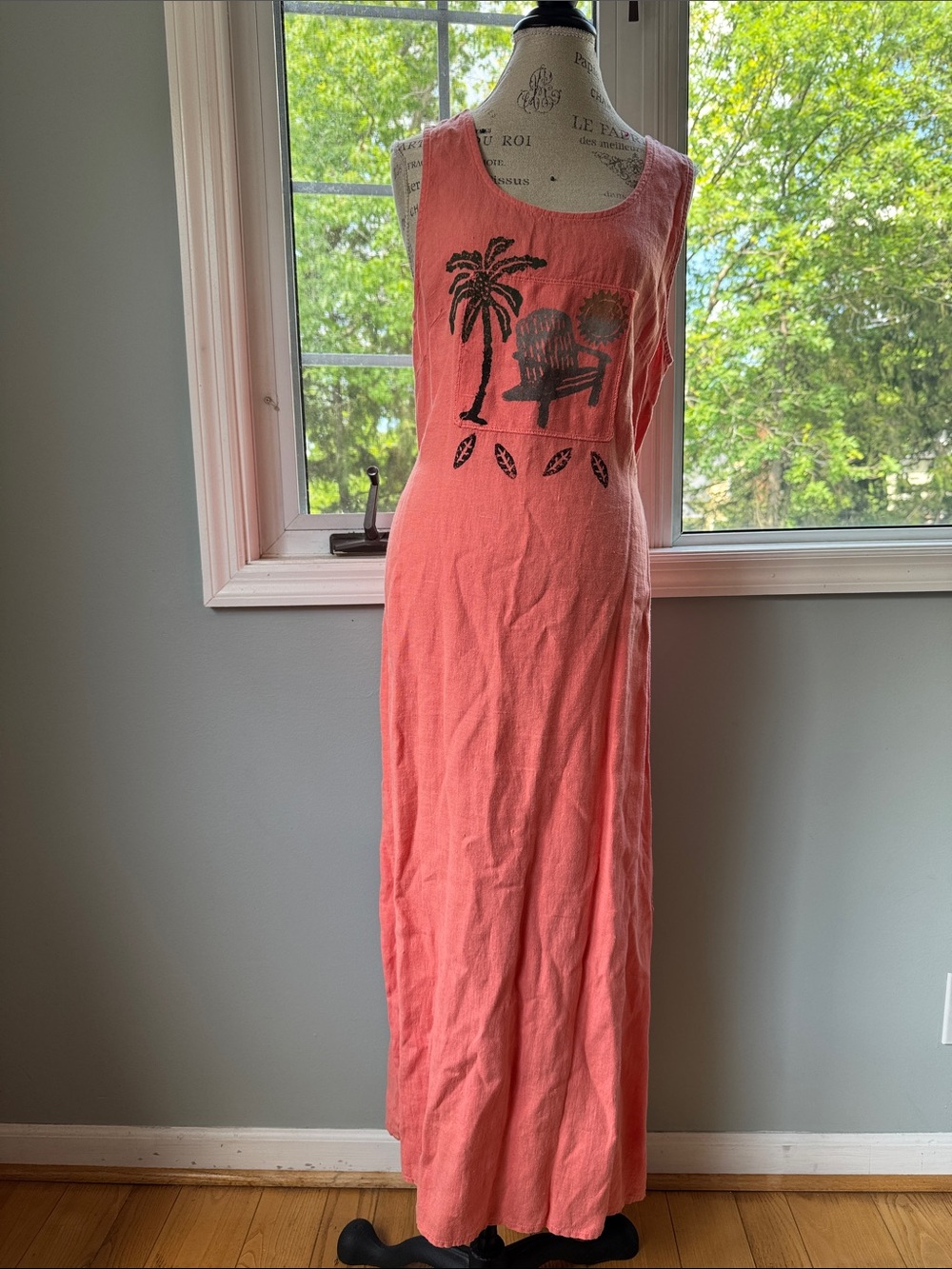 Nina Piccalino 1990’s linen hand‎ painted peach coral tropical maxi dress